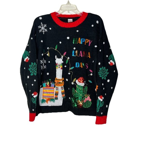 Christmas Sweater “Ugly” Llama Sz L (12-14) Black Sequins Cactus Stretchy - Picture 1 of 10